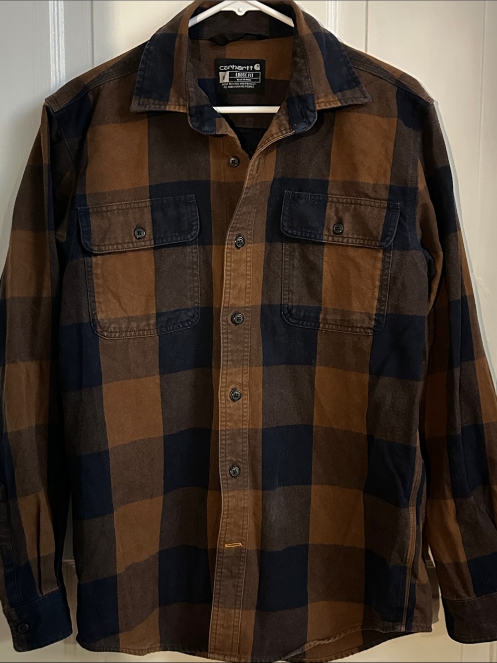 Carhartt Brown and Navy Large-Check Button-Up Work Shirt